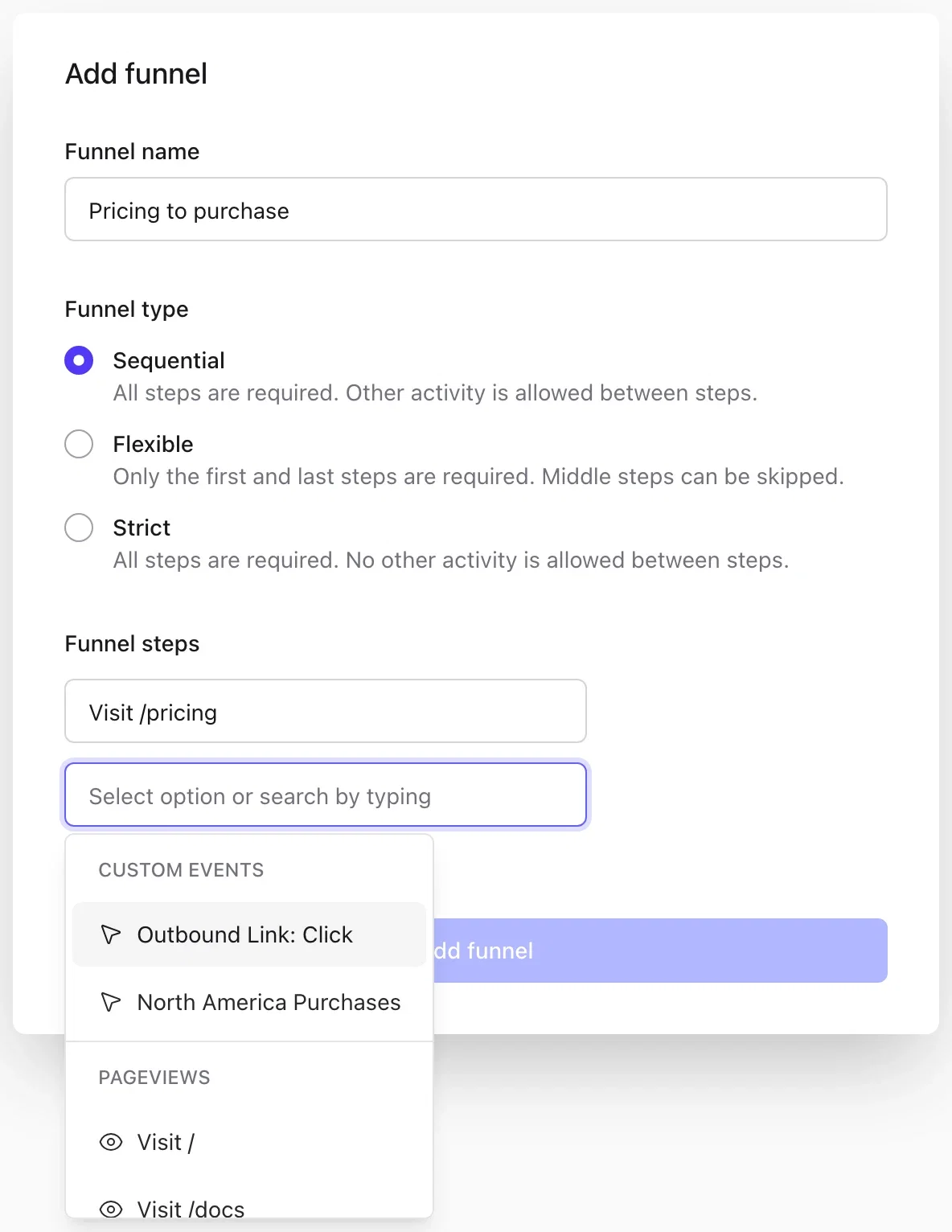 Plausible Add funnel form with a searchable list of custom events and pages to pick as funnel steps