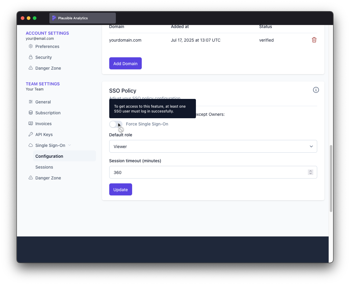 SSO policy with force SSO disabled and a tooltip